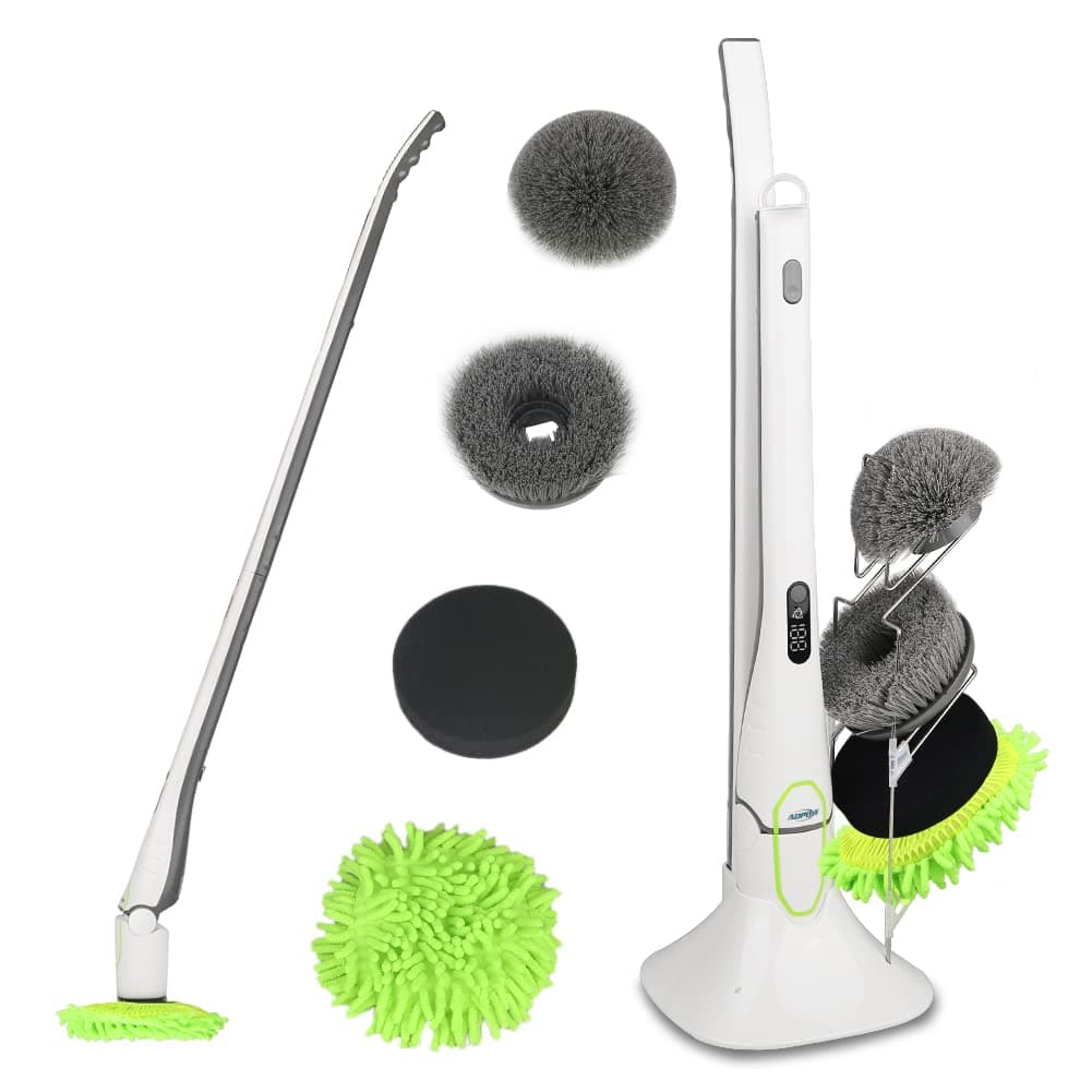 Spin Scrubber, ADPOW Upgraded Electric Spin Scrubber with LED Display, Cordless Power Household Extension Handle Shower Cleaner Including Scrubber Brushes Mops Sponge and Storage Rack