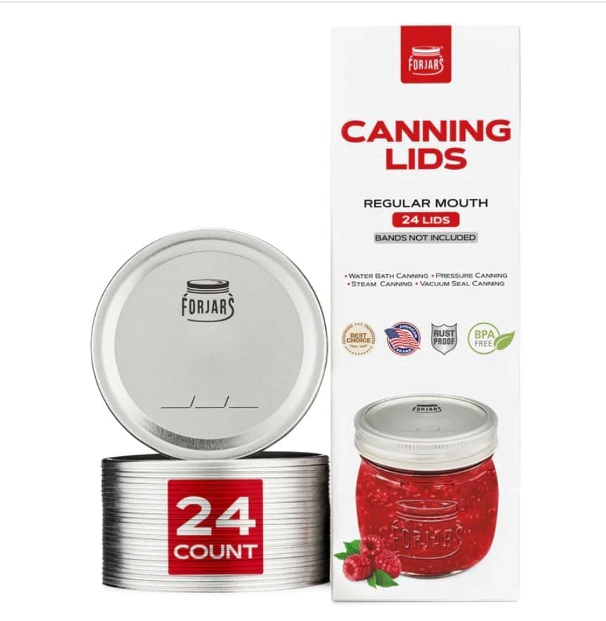 FORJARS - Canning Lids Regular Mouth, 24-Pack – Create Airtight Seals on Mason Jars to Preserve Food for Meal Prep & Food Storage – 2.7 In. Steel Lids with Silicone Seals – Canning Supplies