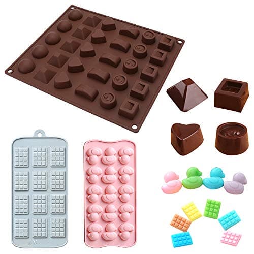 Mini Waffle Mold, Duck-shape Candy Molds & 30-Cavity Chocolate Silicone Mold, MCHEN 3 Pcs Gummy Cookie Jelly Soap Mold, Non-stick Ice Cube Trays for Baking-Blue, Pink, Brown