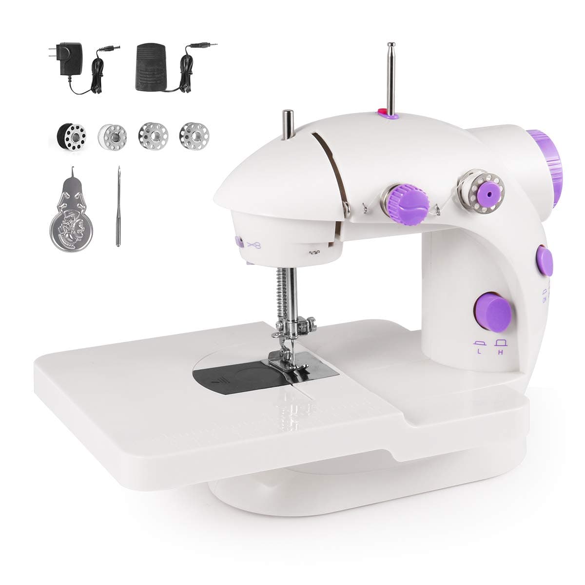 Portable Sewing Machine, Mini Portable Electric Sewing Machine with Lamp and Thread Cutter, High & Low Speeds, Battery or Adapter Power Supplies