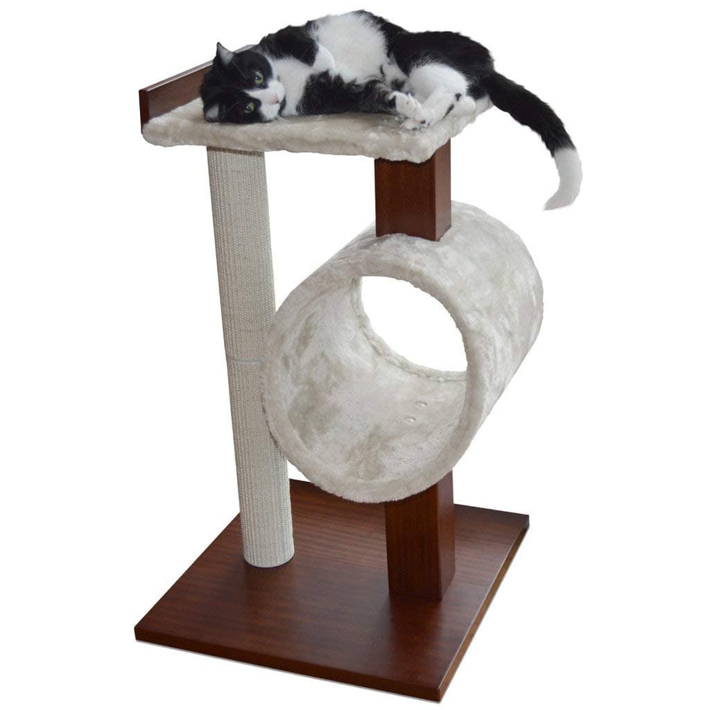 Modern Cat Tree House & Tall Scratching Post (84 cm tall). Modern and neutral platforms, Chestnut finish