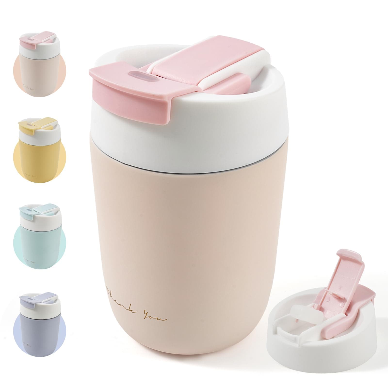 Travel Coffee Mug with Ceramic Coating, 12oz Double Wall Insulated Coffee Tumbler with Lid and Straw, Stainless Steel Leak Proof Tumbler Reusable Coffee Cup for Cold&Hot Drinks, Men Women, Pink