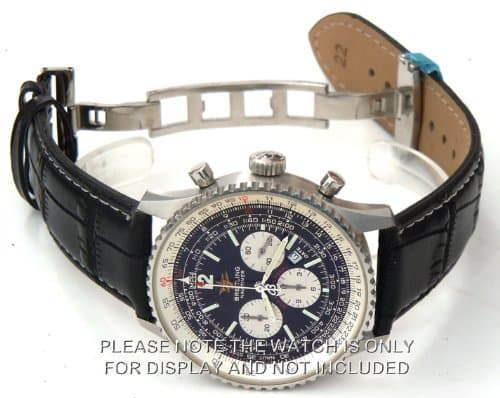 22mm Black Crocodile Watch Strap White Stitching on deployant buckle Fits Breitling Navitimer