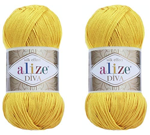 Alize Diva Hand Knitting Yarn - 100% Microfiber Acrylic With Silk Effect - Crochet Art Lace Craft - 2 Skeins, 200gr, 767 Yds (110-Yellow)