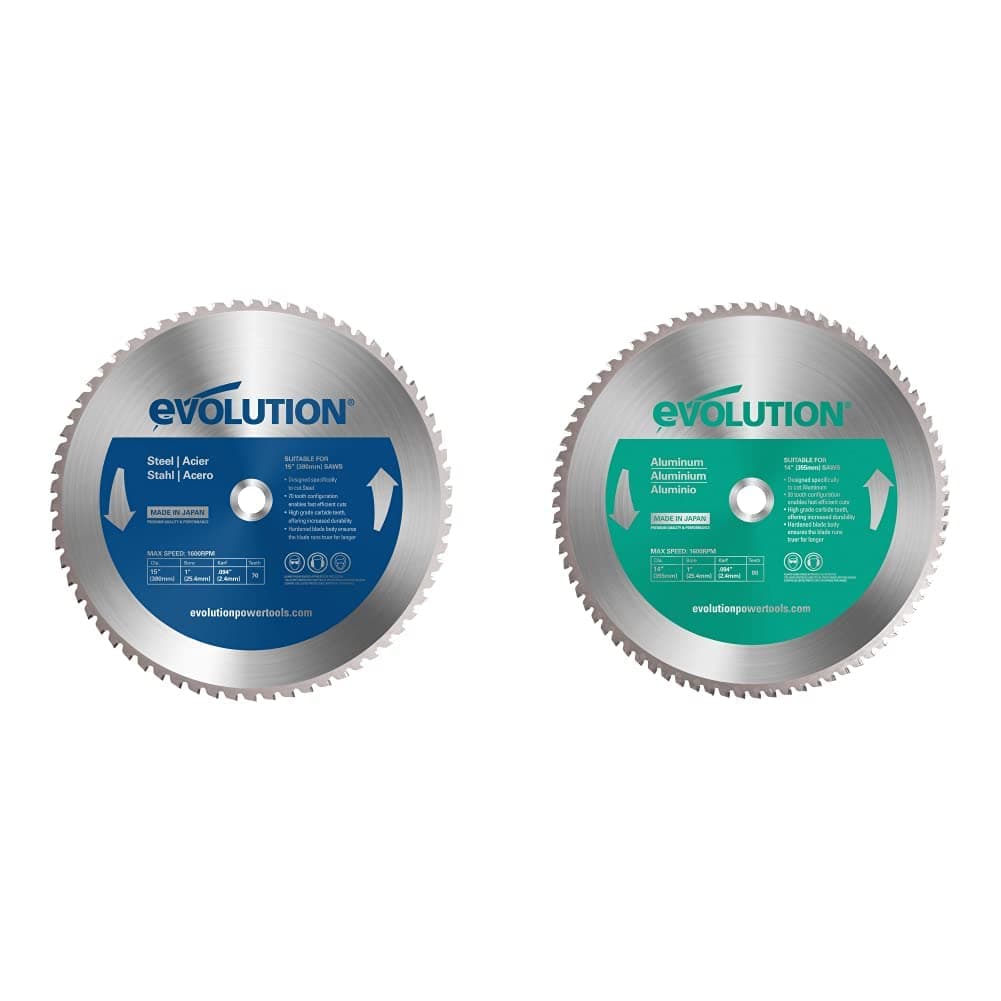 Power Tools 15BLADEST Steel Cutting Saw Blade, 15-Inch x 70-Tooth, Blue & Power Tools 14BLADEAL Aluminum Cutting Saw Blade, 14-Inch x 80-Tooth, Green