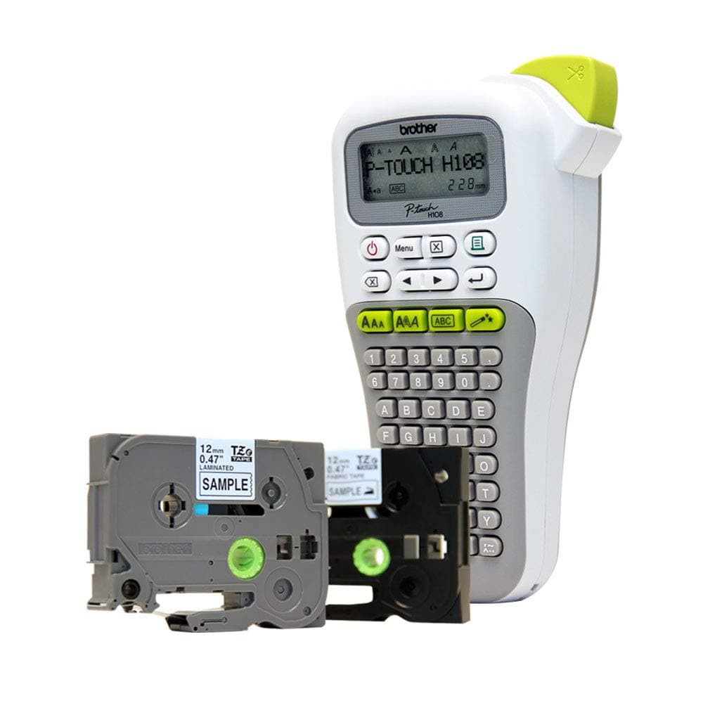 Brother PT-H108GT Label Maker, P-Touch Label Printer, Handheld, Up to 12 mm Labels, Includes 1 x 12 mm Black on White & 1 x 12 mm Fabric Tape Cassettes