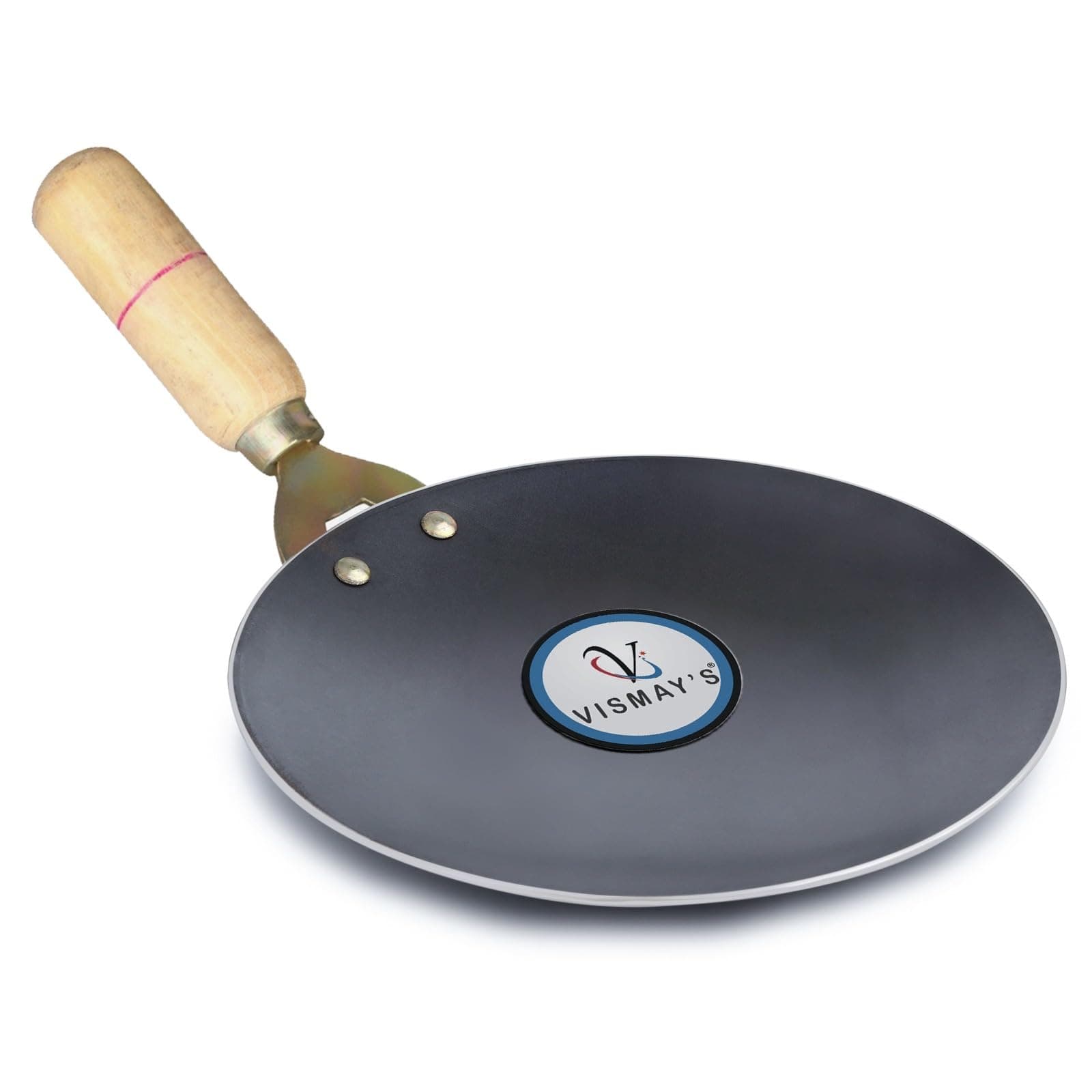 VISMAY'S Pure Iron Tawa with Unique Smooth Edges - First Time in India, Metal Spoon Friendly Induction Friendly, Strong Riveted Wooden Handle Perfect for Roti & Chapati Lohakhand/Loha Tava- 11 Inch