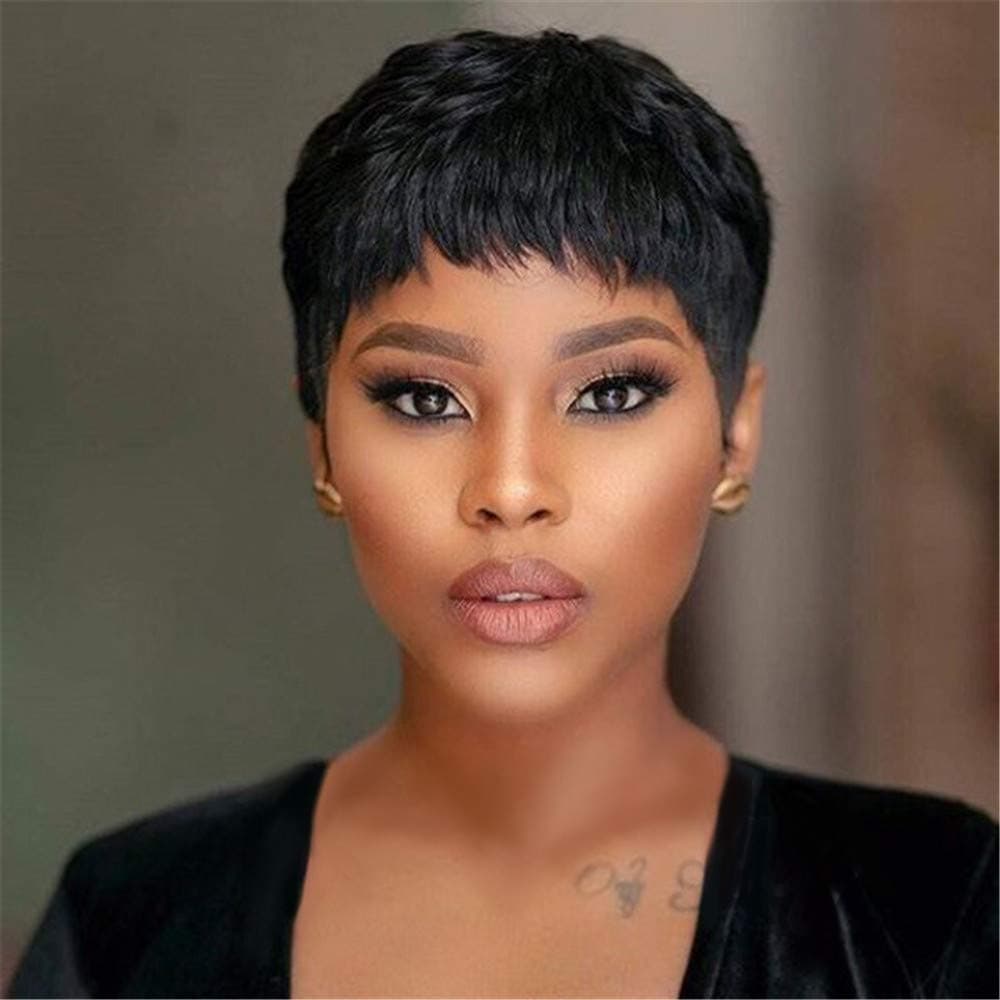 LCBWIG Short Straight Wigs Pixie Cut Hair Choppy Bangs for Black Women Heat Resistant Synthetic Full Black Crop Wigs