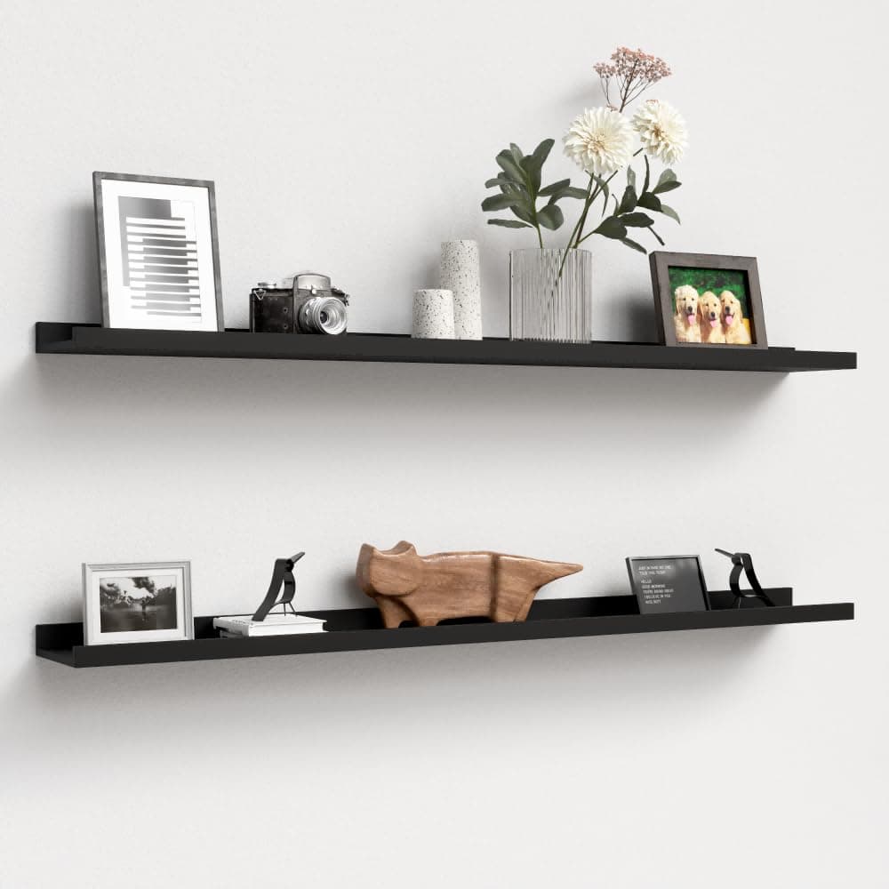 47.2 Inches Long Floating Shelves Wall Mounted, 2 Set Modern Wall Shelf for Bedroom, Nursery Book Shelf with Lip, Picture Ledge Shelf for Decor Living Room Bathroom Kitchen - Black