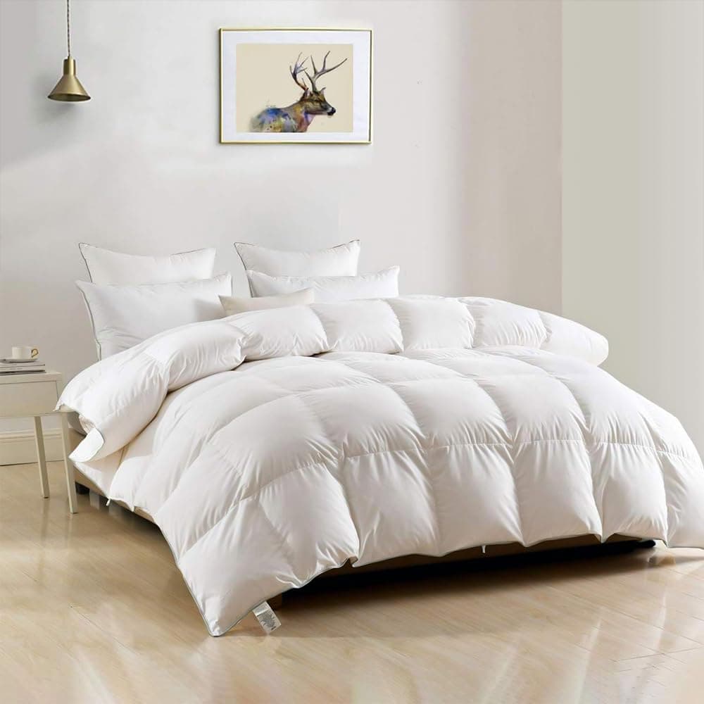 DWR Luxury Oversized King Down Feather Fibers Comforter, Soft Cotton Blend Cover, High Fill Power Medium Weight, Fluffy Down Feather Fibers Duvet Insert with Ties (120x98 Inches, White)
