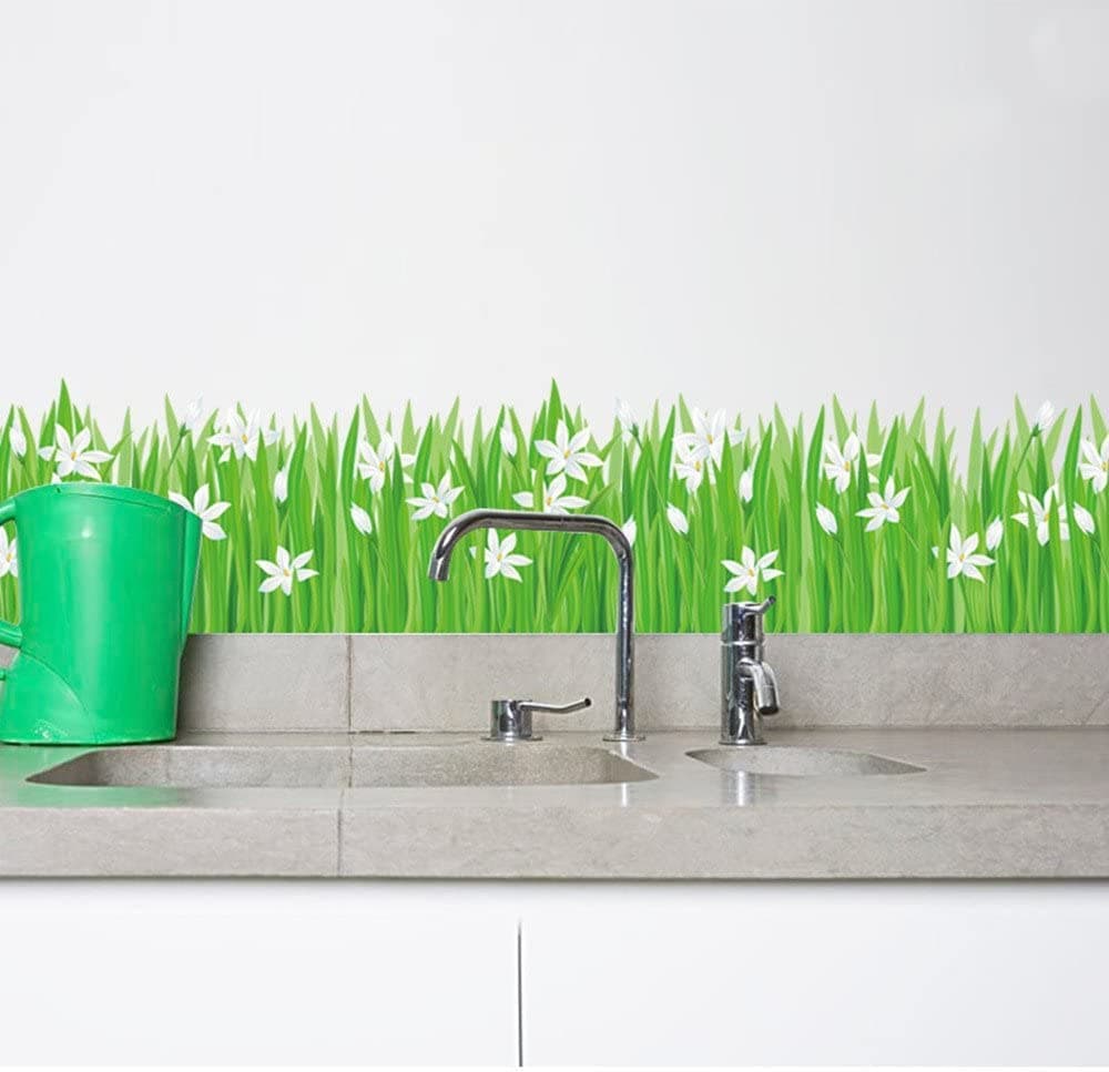 2PCS White Lily Flower Green Grass Wall Decals,Home Decor Line Grass and Flower Border Decal Baseboard Bathroom Kitchen Entrance Doors and Windows Wall Stickers