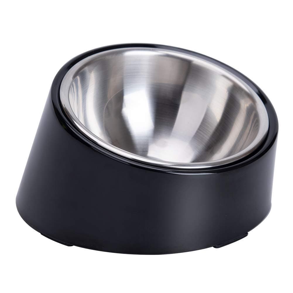 SuperDesign Small Tilted Dog Bowl for Flat-Faced Breeds, Slanted Bulldog Feeder with 2 oz / 0.5 Cup Capacity, 15° Angled Feeding Bowl for Puppies, Cats & Small Dogs, Dark Black