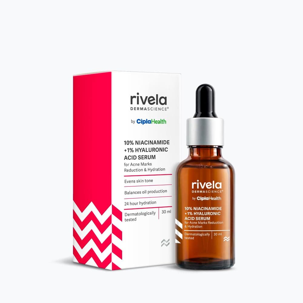 Rivela Dermascience 10% Niacinamide Face Serum By Cipla For Acne Marks, Scars, Oil Control With 1% Hyaluronic Acid, Evens Skin Tone & Promotes Hydration, 30ml