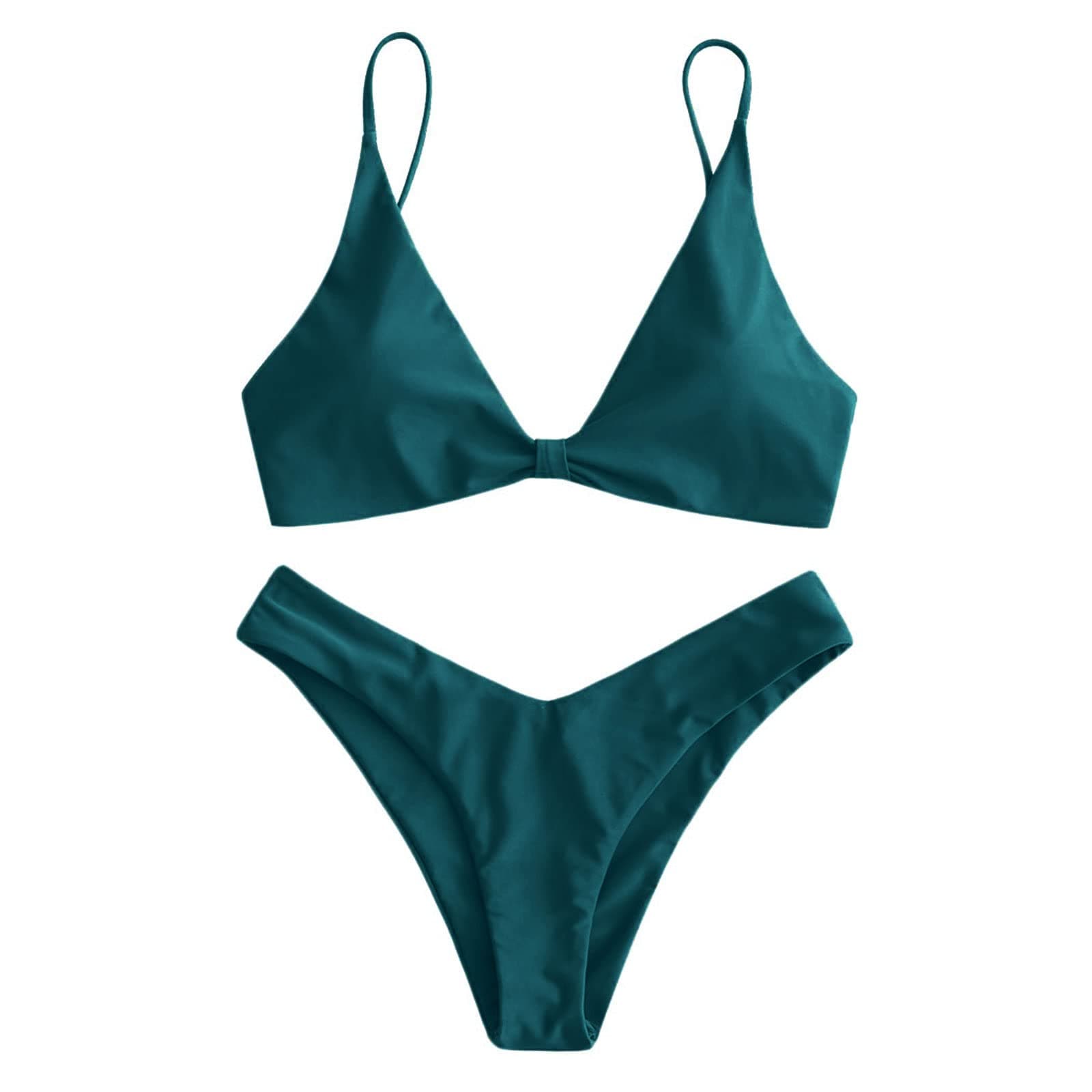 DEZZALZAFUL Women's Tie Knot Front Spaghetti Strap High Cut Bikini Set Swimsuit