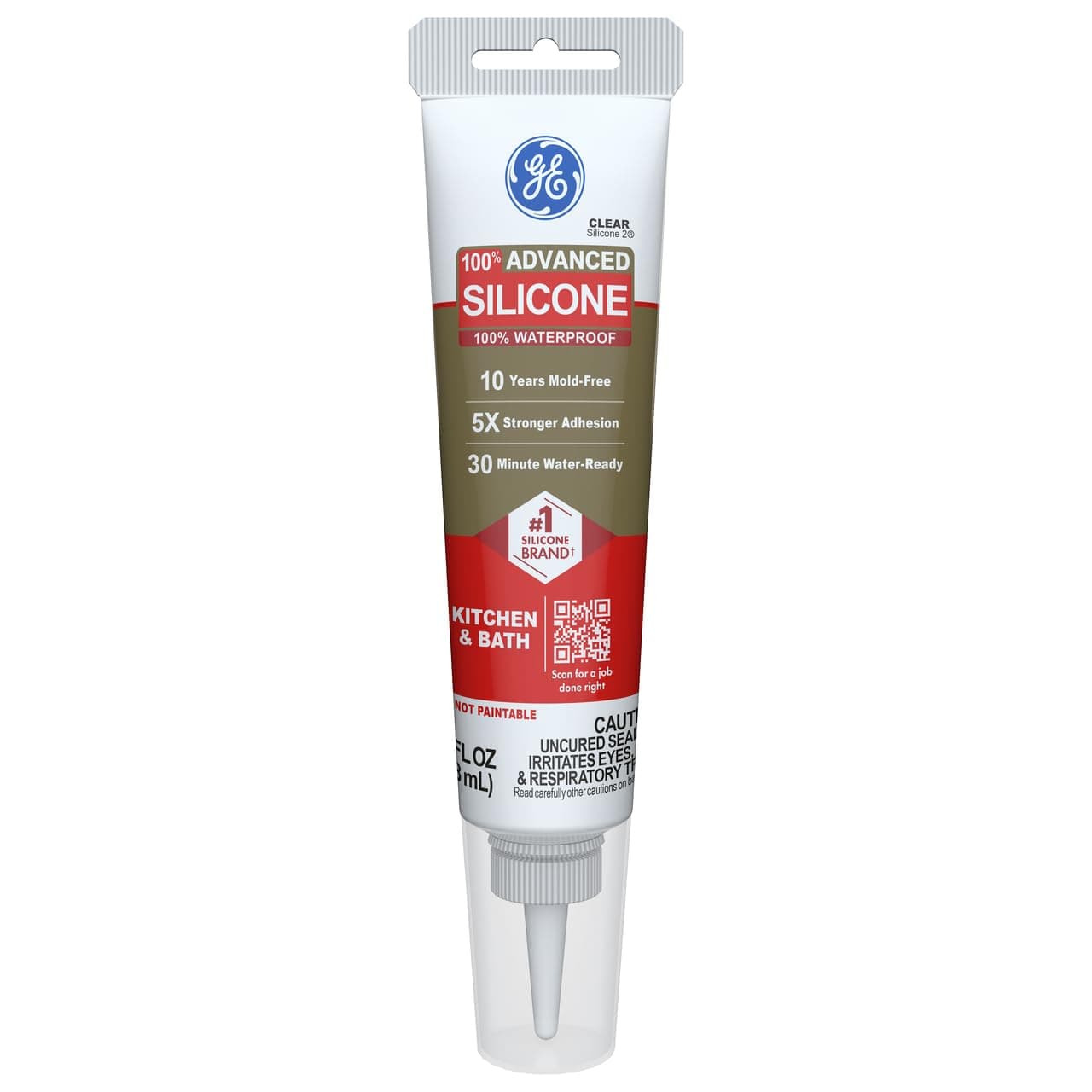 GE Advanced Silicone Caulk for Kitchen & Bathroom, Clear, 2.8 fl oz Tube, 1 Pack - 100% Waterproof Silicone Sealant, 5X Stronger Adhesion, Shrink & Crack Proof