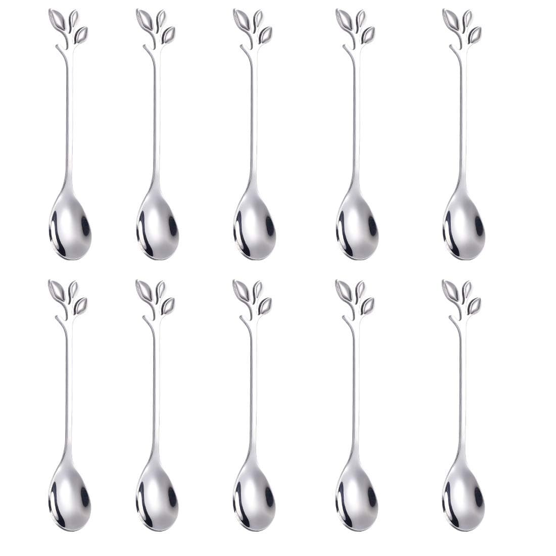 AnSaw Elegant Silver Leaf Coffee Spoons - 10-Piece, 4.7" Mini Stainless Steel Espresso & Dessert Tea Spoons, Perfect for Demitasse & Small Servings