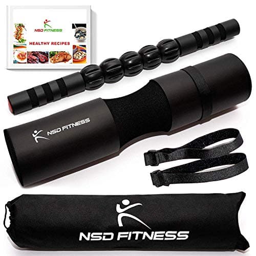 Barbell Squat Pad Neck Shoulder Perfect Protection Lunges Hip Thrusts + 2 Straps + Carry Bag + Massage Muscle Roller Stick + Ebook with Healthy Recipes