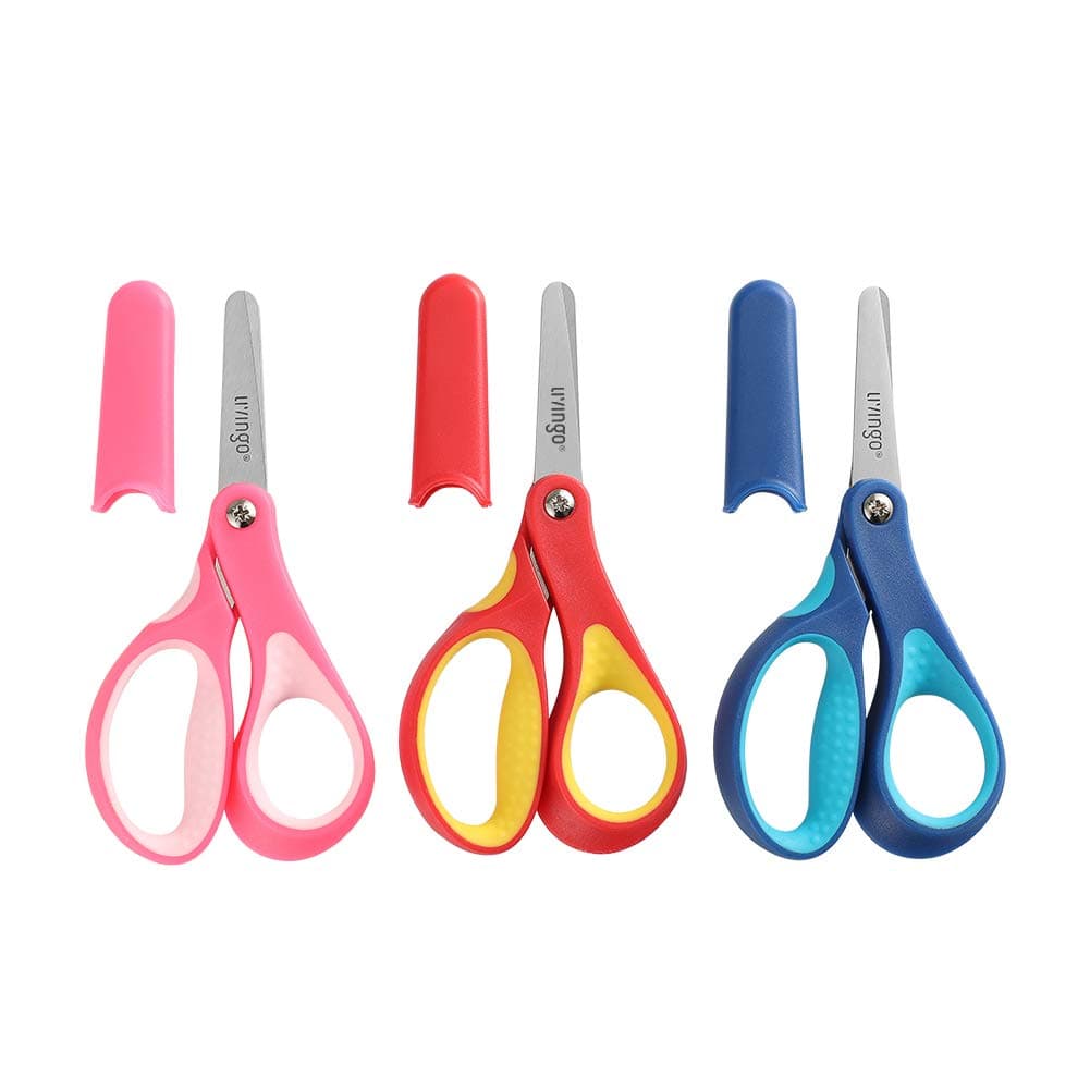 LIVINGO 5" Small School Student Blunted Kids Craft Scissors, Sharp Stainless Steel Blades Safety Handles for Children Cutting Paper, Assorted Color, 3 Pack