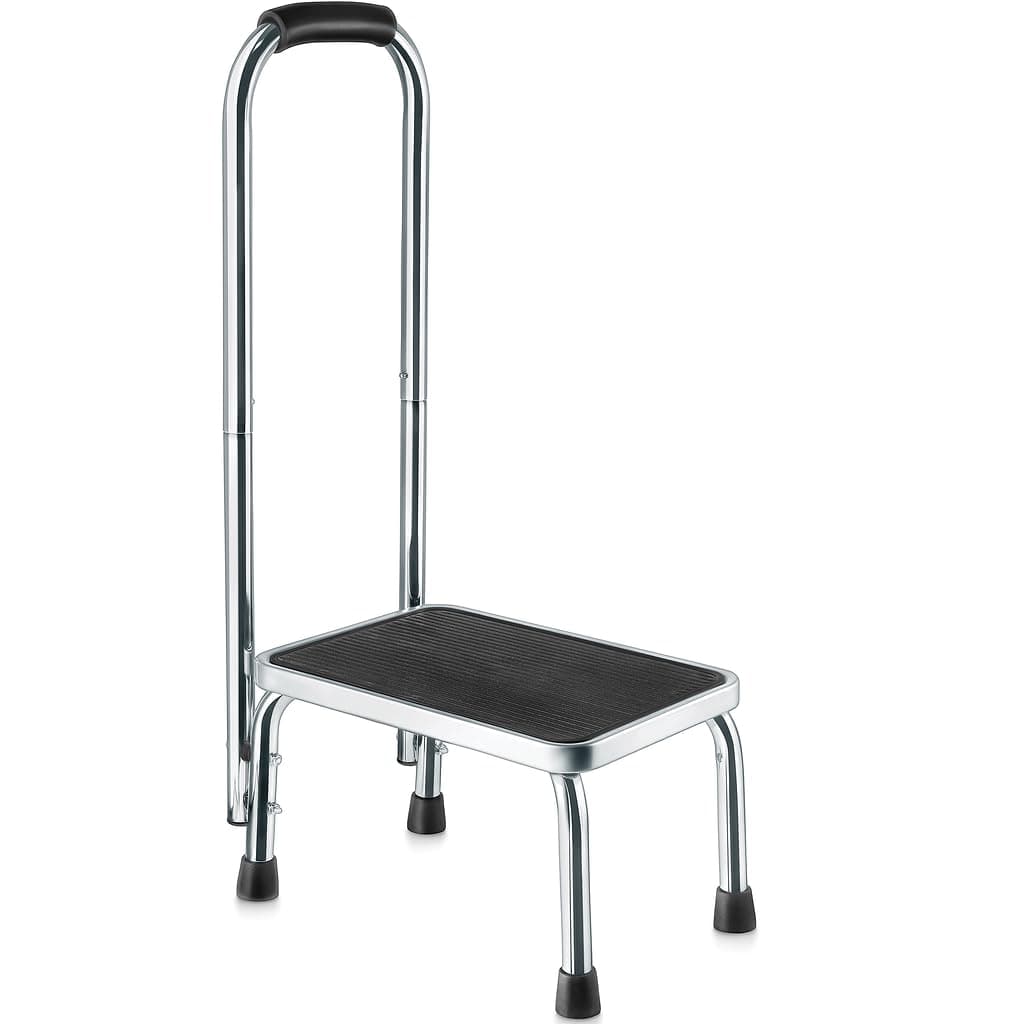Step Stool with Handle for Adults Step stools with Handle for Elderly for Bed Chrome-Plated Steel Frame 330Lbs Capacity Use At Home Bathroom Kitchen