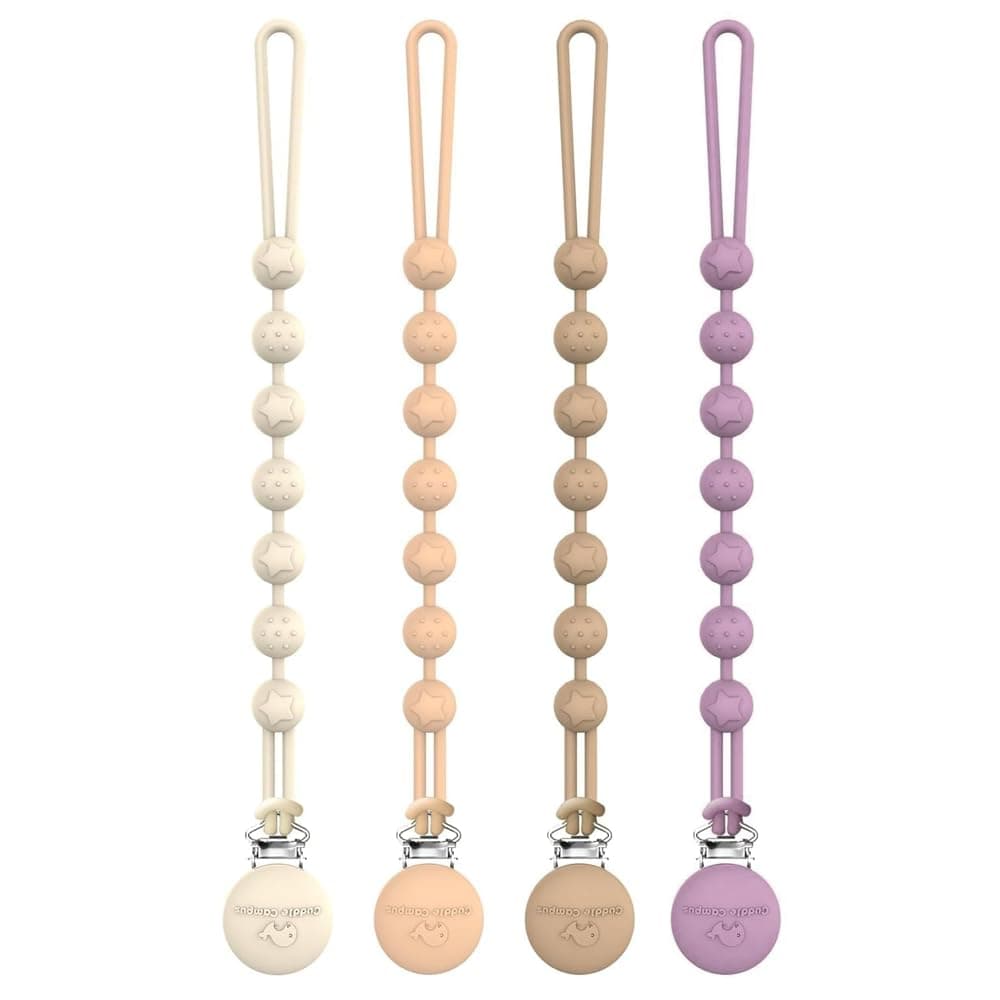 Cuddle Campus シリコーンおしゃぶりクリップホルダー ワンピースデザイン ソフトフレキシブルビンキークリップ 4個パック テクスチャ付き 女の赤ちゃん用