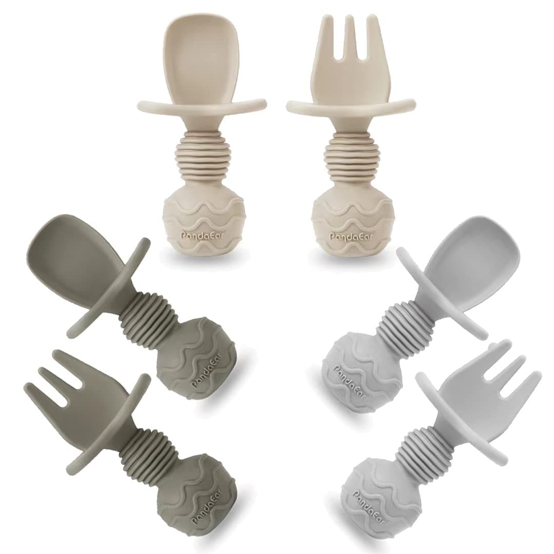6 Pack Silicone Baby Spoons and Fork Feeding Set- Anti-Choke First Self Feeding Utensils for Baby Led Weaning Ages 3 Months (Tan,Walnut&Grey)