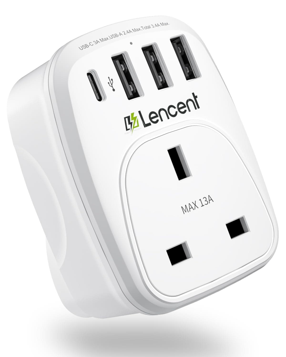 LENCENT USB Plug Charger UK with 1 Type C and 3 USB Ports, 1 Way Socket Extension, 5-in-1 USB Outlet Plug Extender for Household Appliances, iPhone, Smartphone Tablets, Ideal for Home Office Bedroom