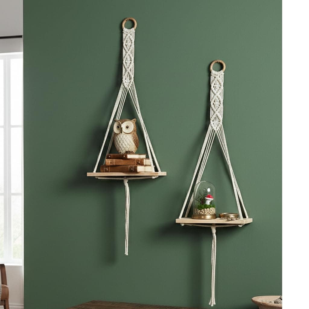 Decazone Macrame Handmade Wall Shelf for Plants Decor Cotton Cord Pine Wooden Plank Hanging Floating Shelf Boho Decor Set of 2 for Bedroom Living Room Balcony Beige 55 x 30