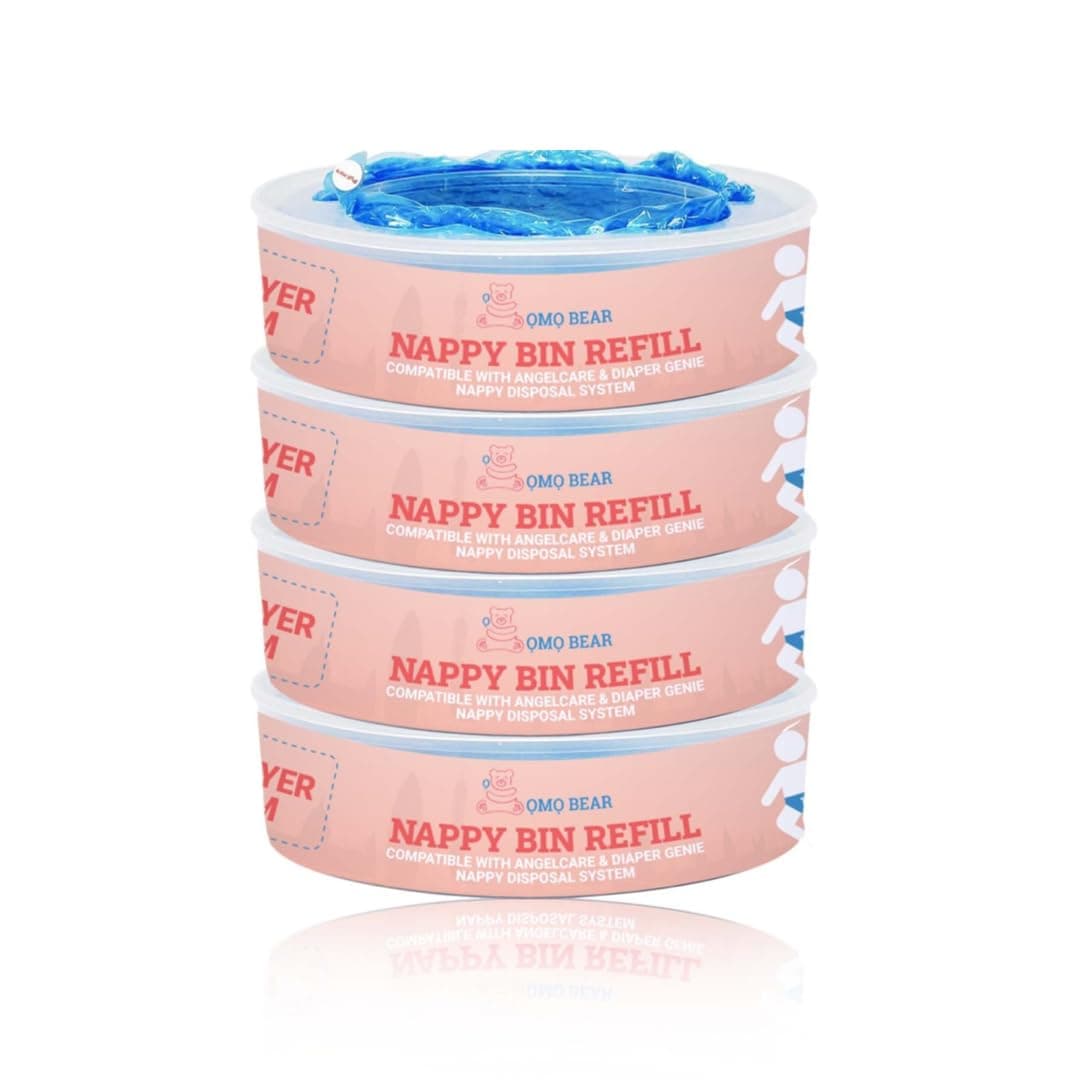 Nappy Bin Refill Cassettes, Compatible with Angelcare Nappy Disposal System - Pack of 4 Cartridges - Advanced Lock smell Tec Liner Bags - OMO BEAR