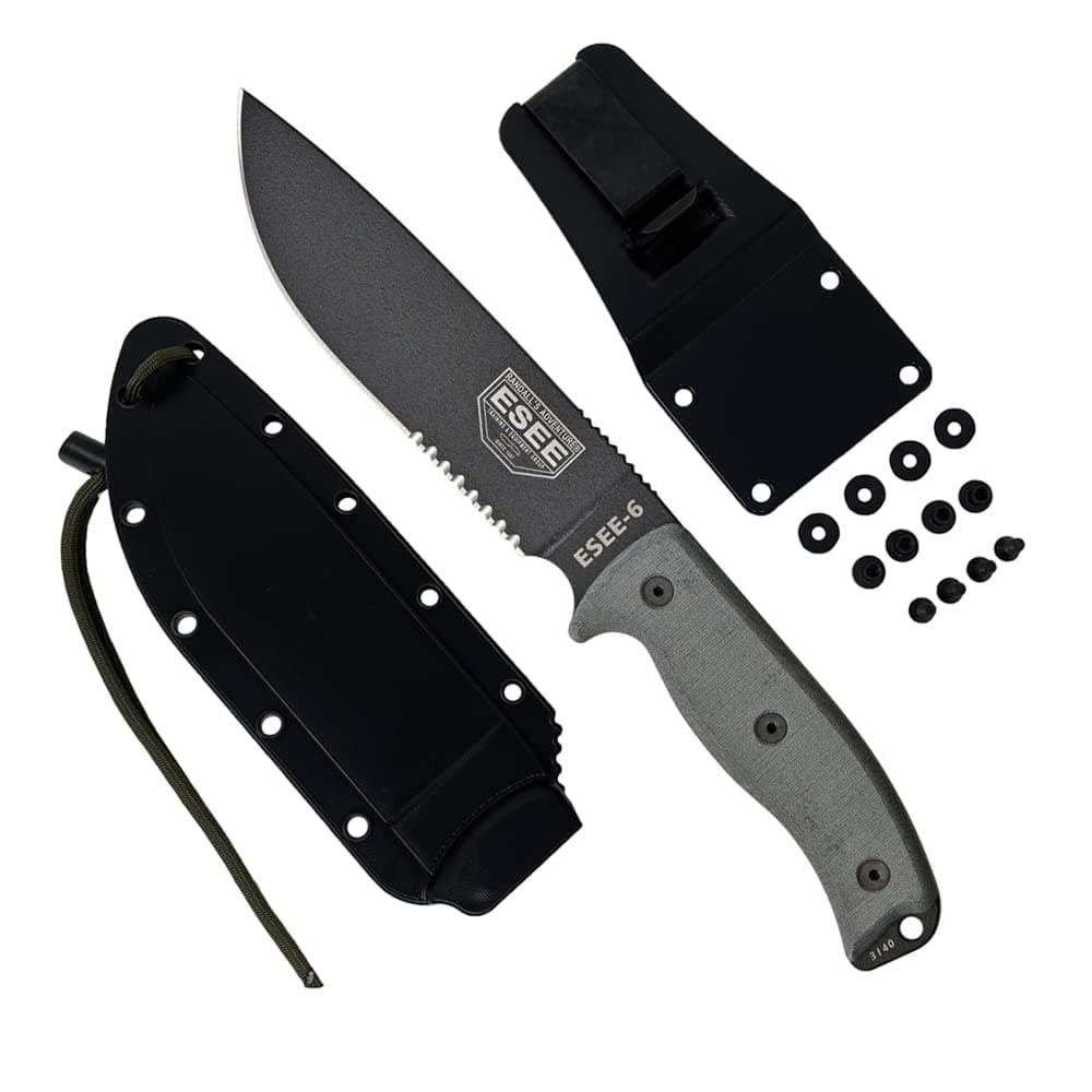 ESEE Knives 6P Fixed Blade Knife w/Molded Polymer Sheath (Black Blade/Serrated Edge/Black Sheath)
