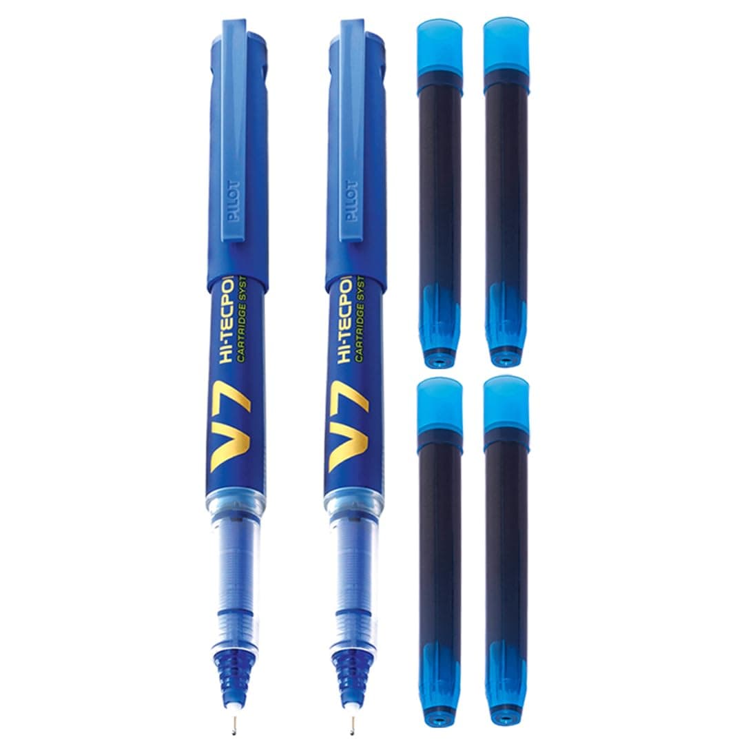 V7 Hi-tecpoint Roller ball pen with Cartridge System - 2 Blue Pens, 4 cartridges