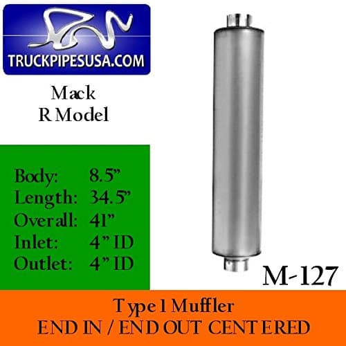 M-127 Mack R-Model Round Muffler 8.5" x 34.5" Long x 4" IN/OUT