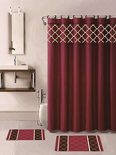15 Piece Bath Rug Set Choose from Grey, Teal Blue, Burgundy Holiday Red Geometric Desin Print Bathroom Rugs Shower Curtain/Rings Sets (Alexa Burgundy)
