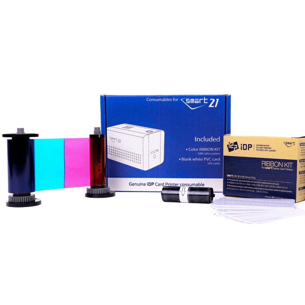 IDP IDP IDP Genuine SMART-21 YMCKO Consumables Kit with 1ea Color 100-Print Ink Ribbon, 100 Primus PVC Cards, and Cleaning Roller (not Compatible with IDP Solid Brand Products)