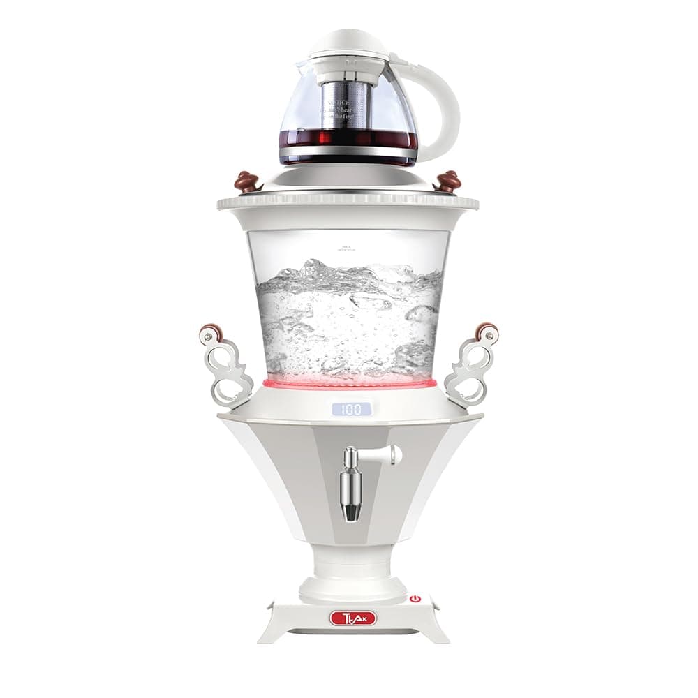 Electric Glass Samovar - Tea Maker Water Auto Shut Off Kettle Modern Design Overheat Boil-Dry Protection LED Temperature Glass Teapot (1 Liter) Large Kettle (3.2 Liters) (White)