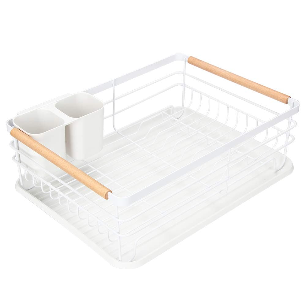 Modern Wood Handle Dish Rack and Drain Board, 16.5" x 12" x 5.5" Kitchen Plate Cup Dish Drying Rack Tray Cutlery Dish Drainer