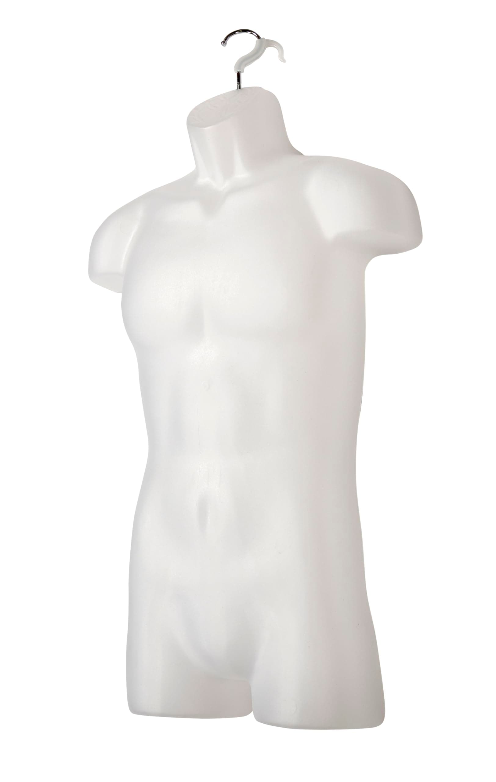 Male Molded Shatterproof White Shapely Torso Form With Hook - Fits Men's Sizes S-L - Hanging Fashion Form Mannequin to Display Top and Bottom Merchandise