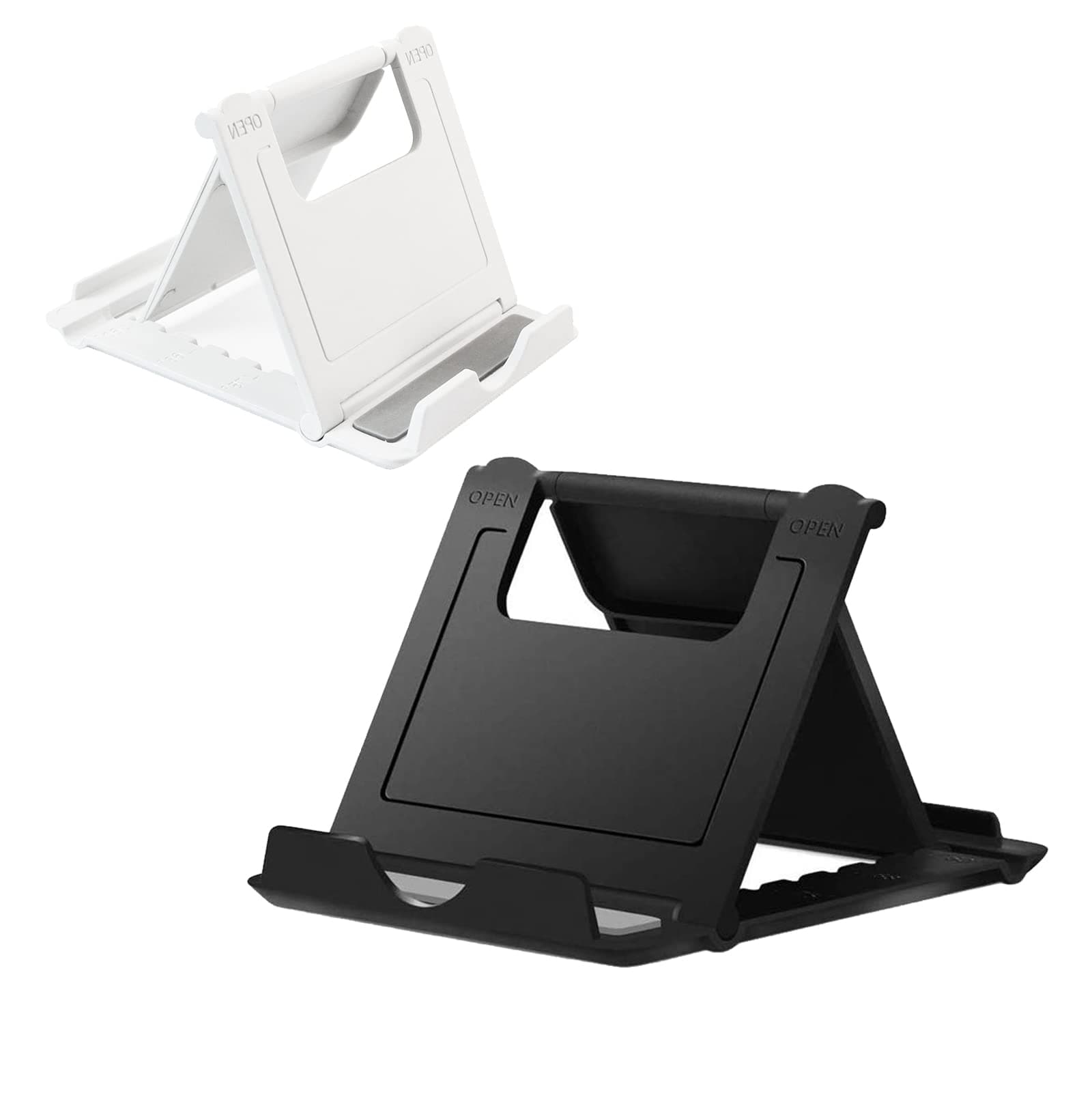 2 Pack Portable Cell Phone Stand Holder for Desk, Foldable Pocket-Sized Mount, Universal Adjustable Desktop Mobile Phone Kickstand Compatible with iPhone IPads Kindle Android Black & White