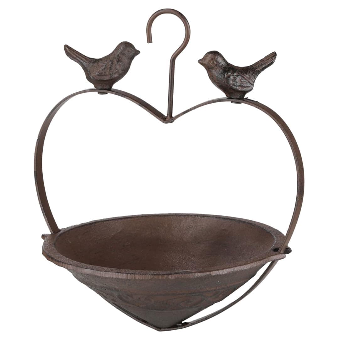 GEEZY Cast Iron Hanging Bird Feeder And Bath - Easy To Clean, Weatherproof - Metal Wild Bird Feeders Hanging Station For Seeds And Water - Vintage Heart Shape Iron Garden Ornaments