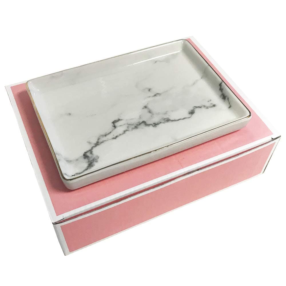 Simple Shine.Simple Shine. Jewelry Dish Tray | Marble Pattern Ceramic Dish Key Plate Holder or Key Tray Gold Edge | Wrapped in Decorative Gift Box