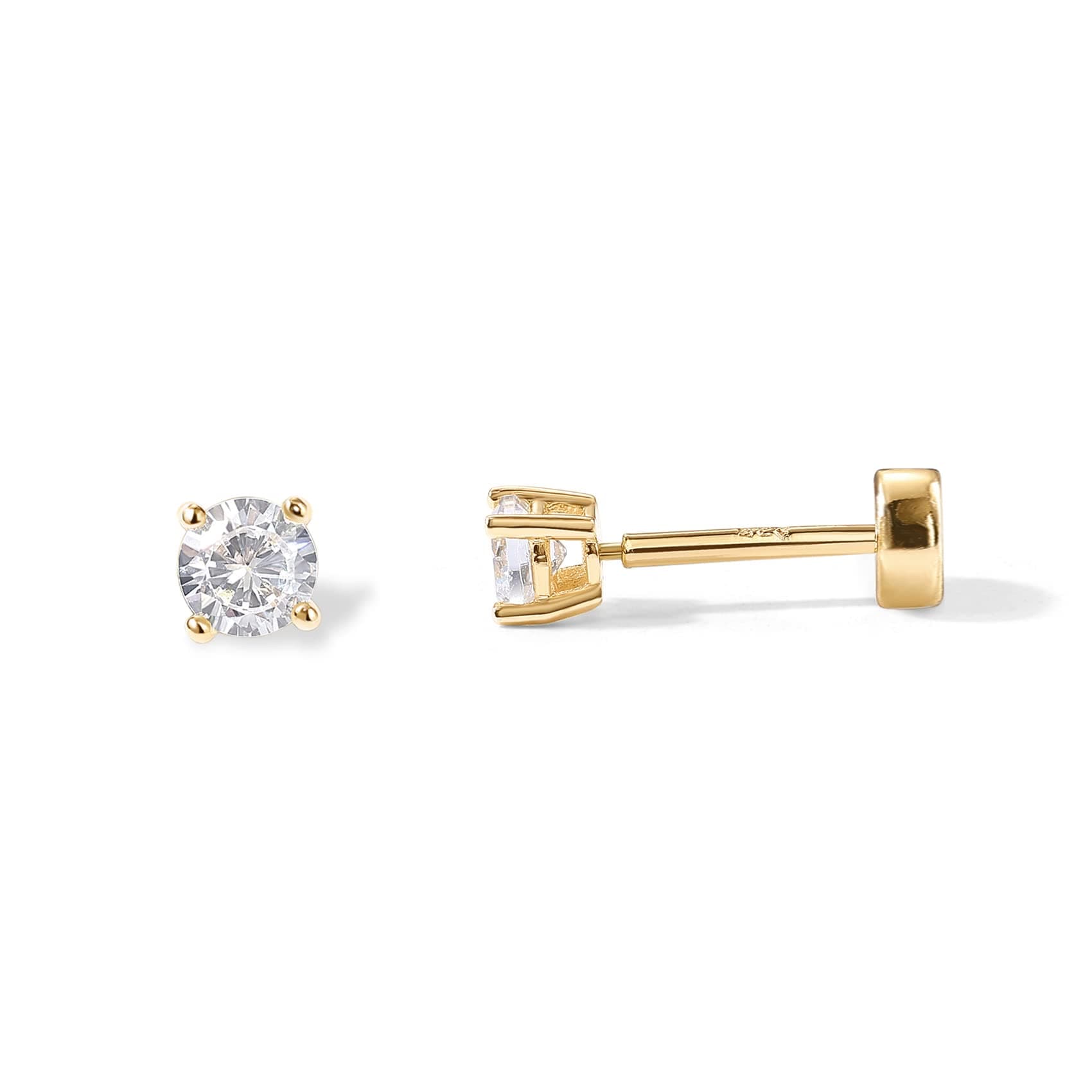 14K Gold Plated Solid 925 Sterling Silver Post Cubic Zirconia Stud Flat Back Earrings for Women | Cartilage Earring | Helix Piercing Jewelry | Small Stud Earrings for Women