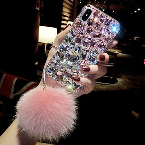 Victorlan iPhone 11 Pro Max Diamond Case, Luxury Lady Mix Color Rhinestone Stone Jewelled Clear TPU Case for iPhone 11 Pro Max 6.5-inch with Fur Ball (Pink)