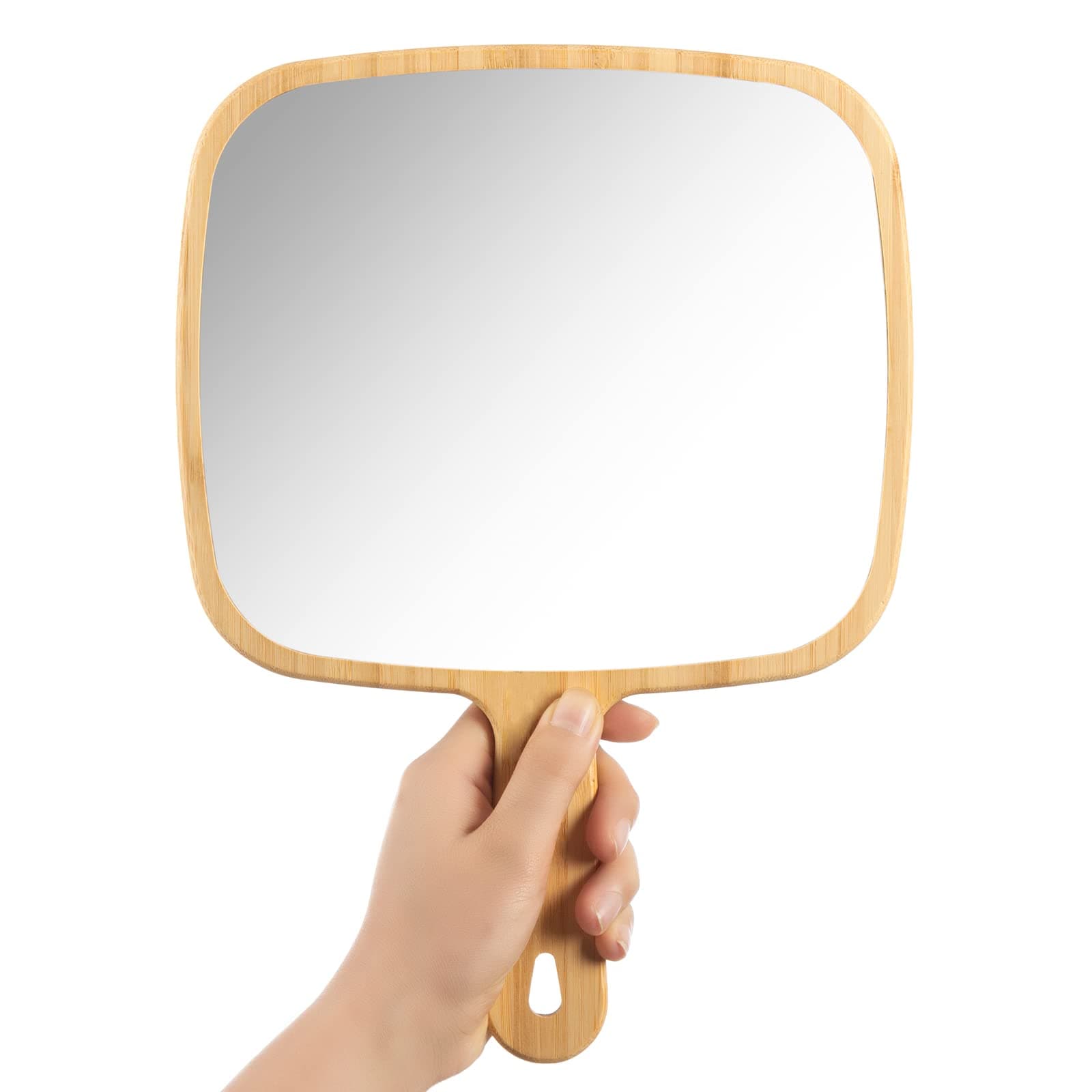 YEAKE Extra Large Natural Bamboo Handheld Mirror with Handle, Portable Single-Sided Vanity Mirror for Men and Women, 22.6 x 31.5 cm / 8.9 x 12.4'' (W x H)