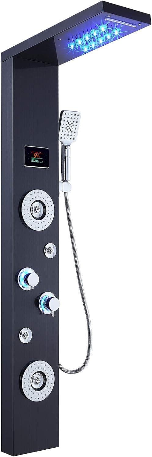 ELLO&ALLO LED Rainfall Waterfall Shower Head Rain Massage System with Body Jets Stainless Steel Bathroom Shower Panel Tower System, Brushed Black