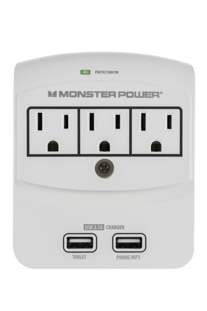 Monster Power Home Office 350 USB, 3 outlets, 2 USB connectors, and wall mount