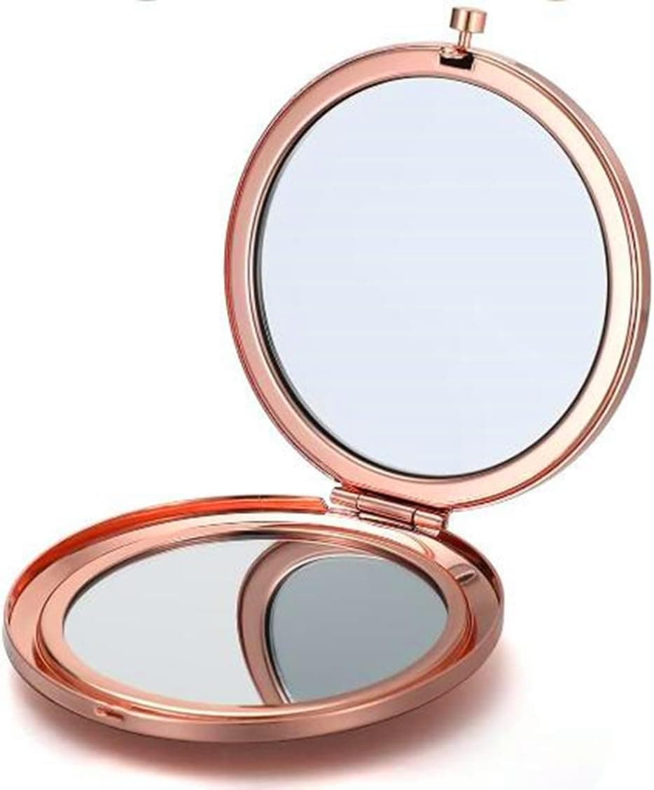 Magnifying Compact Mirror for Purses with 2 x 1x Magnification,HREW Folding Mini Pocket Double Sided Travel Makeup Mirror,Perfect for Purse, Pocket and Travel (Rose Gold)