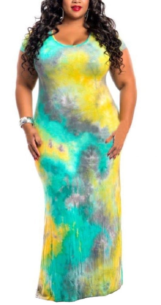 Women's Plus Size Color Block Tie Dye Stripes Boho Summer Beach Long Maxi Dresses Yellow 4XL