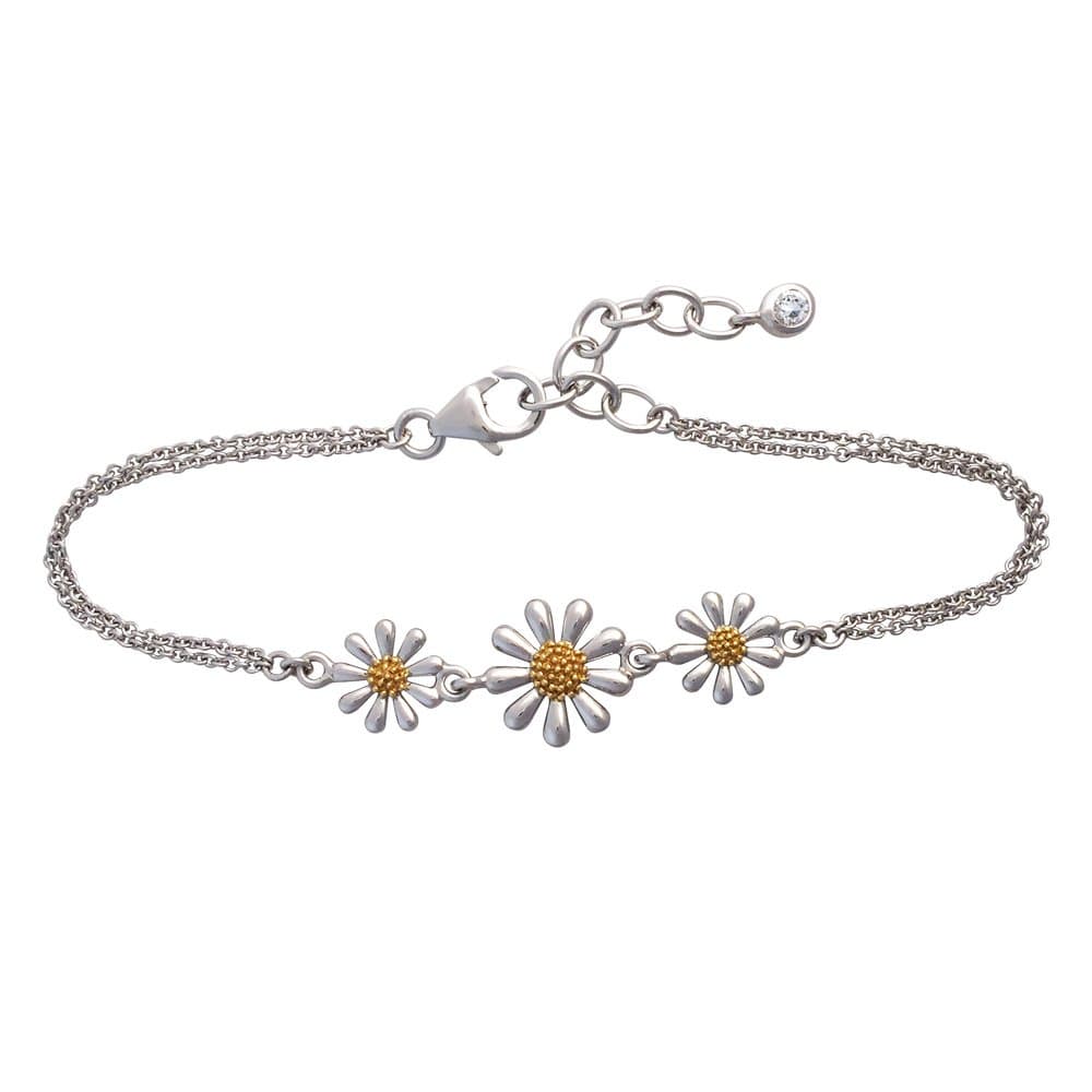Paul Wright 925 Sterling Silver Daisy Bracelet, Three Daisies with 18ct Gold Plated Centres, Double Chain, 16cm plus 3cm Extender