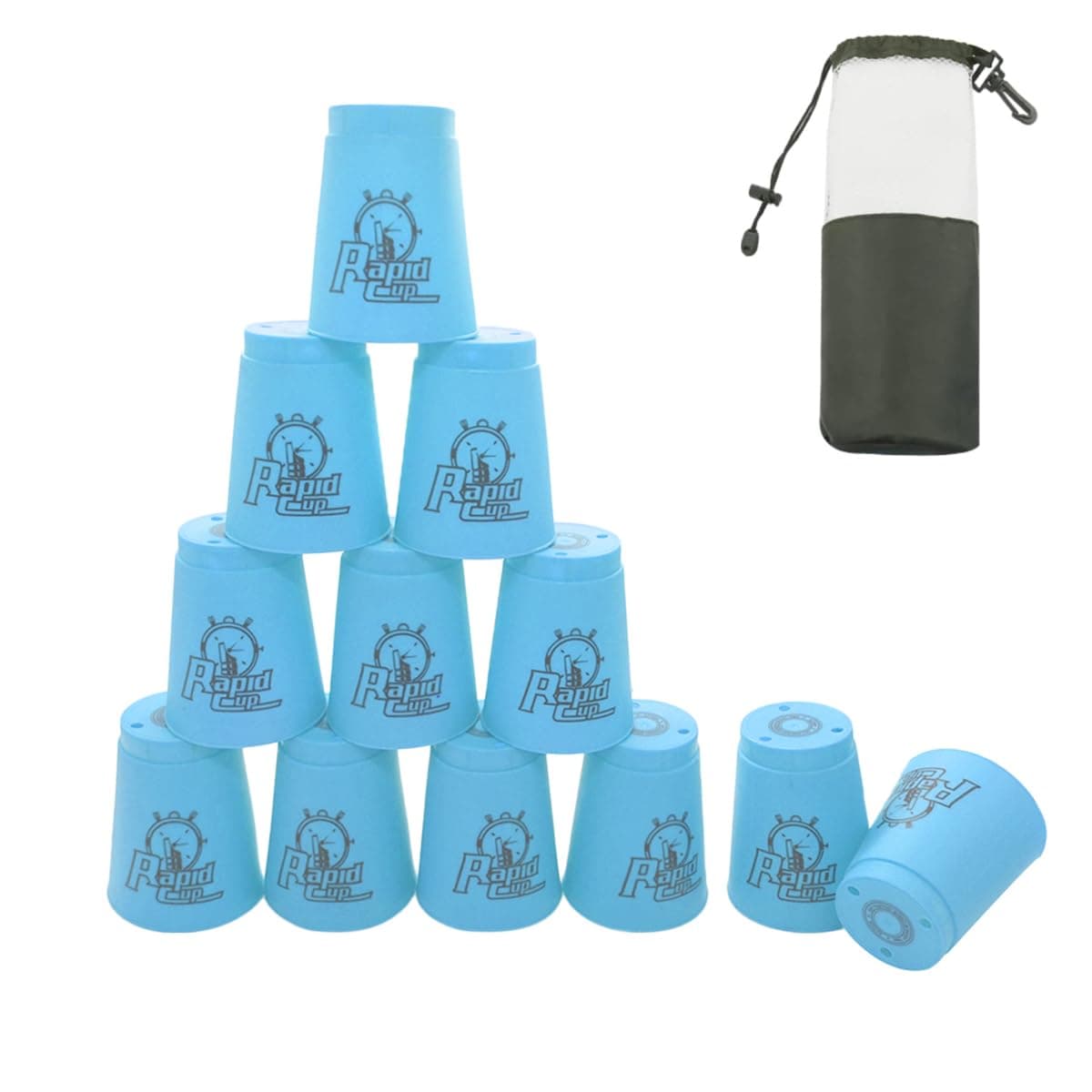 DoInFun Stacking Cups, Pack of 12 Quick Stack Cups Speed Training Game for Challenge Competition Travel Party, Medium Size for Kids/ Adults - Blue