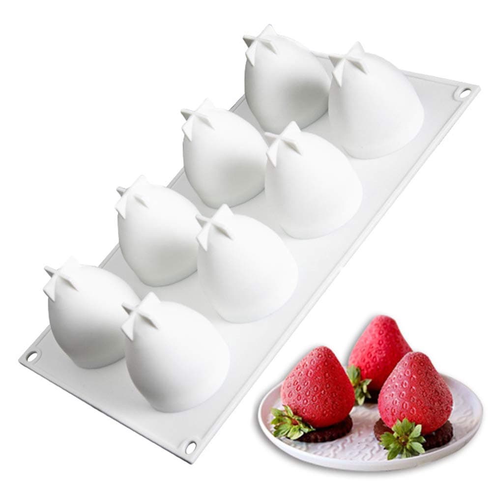 OCPO Kitchen Strawberry Silicone Mold for Baking Mousse Cake 3D Silicone Baking Molds for Cakes, French Dessert, Pastry, Chocolate, Ice Cream Mould, Cake Decoration Mold 3D Strawberry Shape (8-cavity)