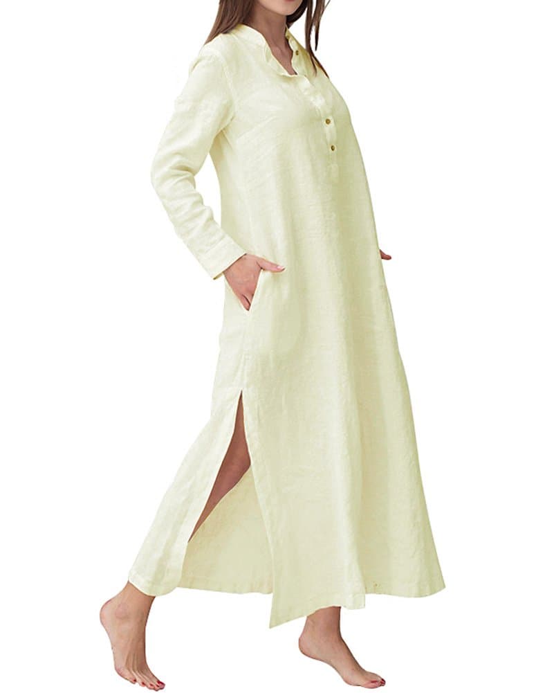 HIUPEB Women's Plus Size Long Sleeve Cotton Linen Split Kaftan Maxi Dress S-3XL